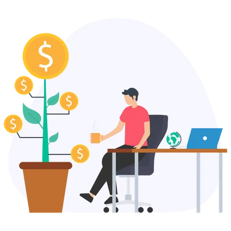 Businessman drinking coffee watching money growing on plant  Illustration