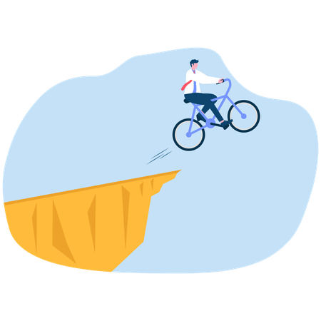 Businessman drives cycle and jumps off cliff  Illustration