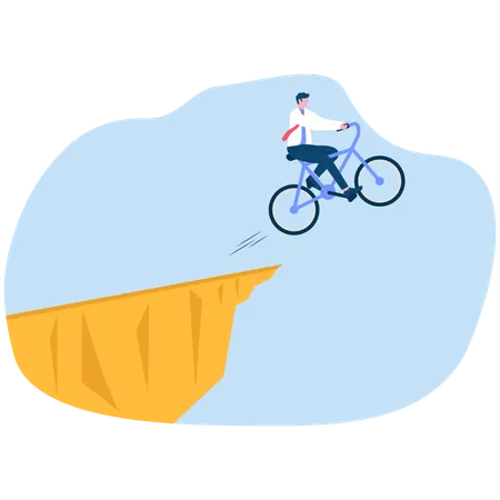 Businessman drives cycle and jumps off cliff  Illustration