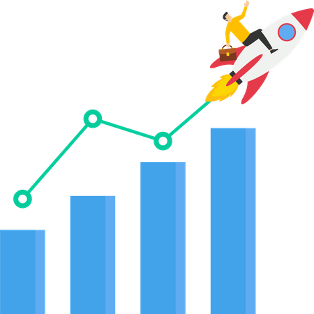 Businessman driving a rocket booster with growth arrows  Illustration