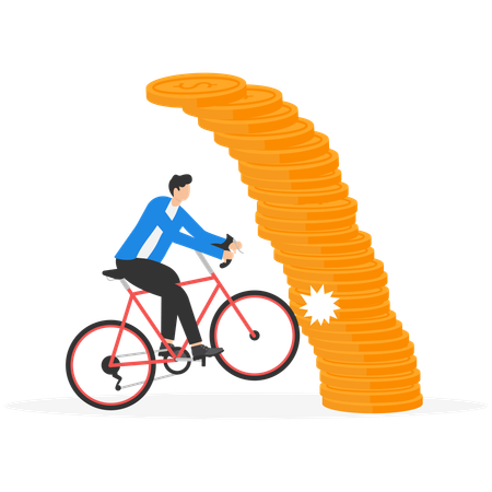 Businessman driving and colliding with pile of coins  Illustration