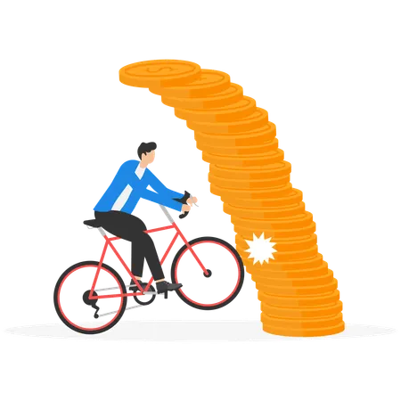 Businessman driving and colliding with pile of coins  Illustration