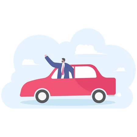 Businessman driving car and waving to someone.  Illustration