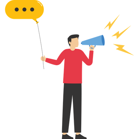 Businessman driving fast speech bubble holding megaphone to tell  Illustration