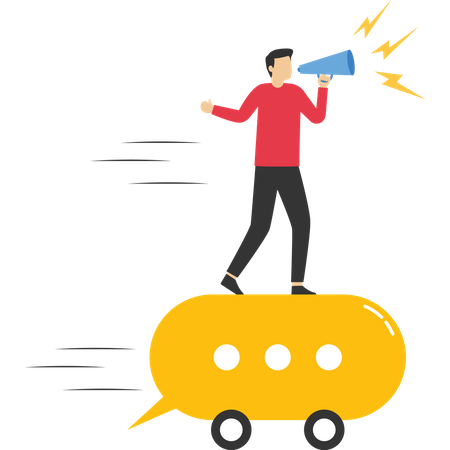Businessman driving fast speech bubble holding megaphone to tell  Illustration
