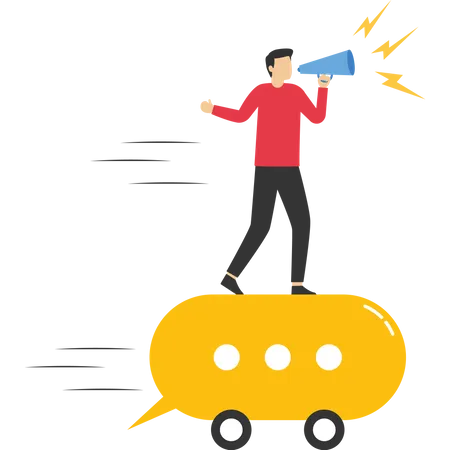 Businessman driving fast speech bubble holding megaphone to tell  Illustration