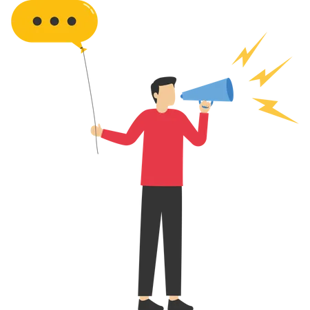 Businessman driving fast speech bubble holding megaphone to tell  Illustration