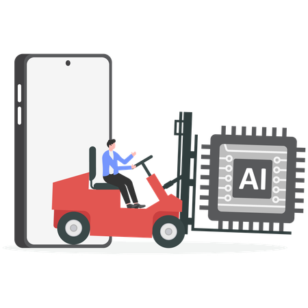 Businessman driving forklift loaded with ai chip  Illustration