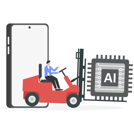 Businessman driving forklift loaded with ai chip  Illustration
