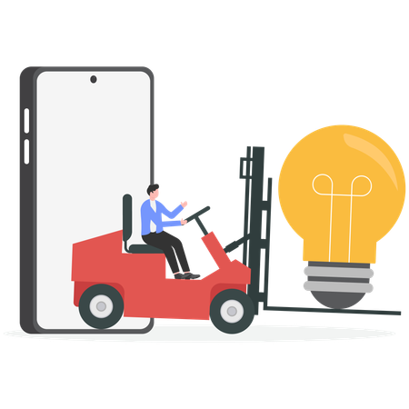 Businessman driving forklift loaded with big light bulb idea  Illustration