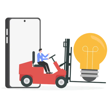 Businessman driving forklift loaded with big light bulb idea  Illustration