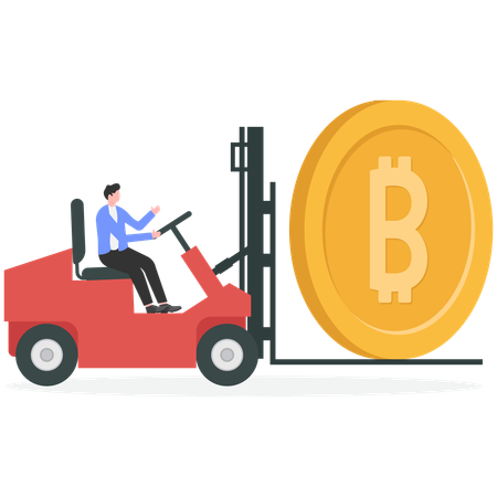Businessman driving forklift loaded with bitcoin  Illustration