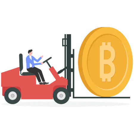 Businessman driving forklift loaded with bitcoin  Illustration