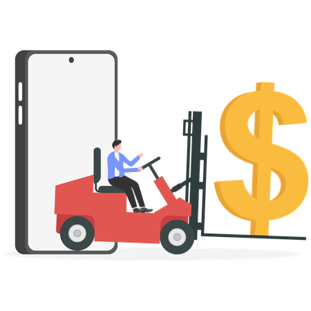 Businessman driving forklift loaded with money for making money  Illustration