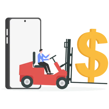 Businessman driving forklift loaded with money for making money  Illustration