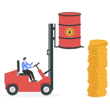 お金を稼ぐために石油バレルを積んだフォークリフトを運転するビジネスマン  イラスト