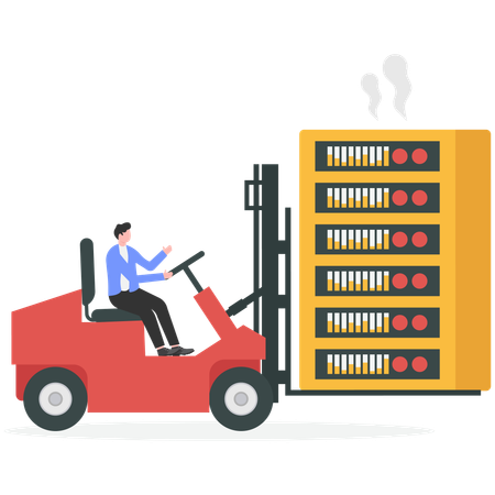 Businessman driving forklift loaded with server  Illustration