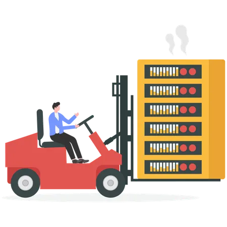 Businessman driving forklift loaded with server  Illustration
