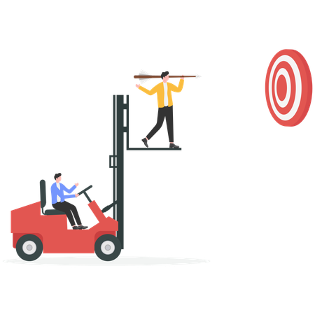 Businessman driving forklift while man standing on forklift to achieving goal  Illustration