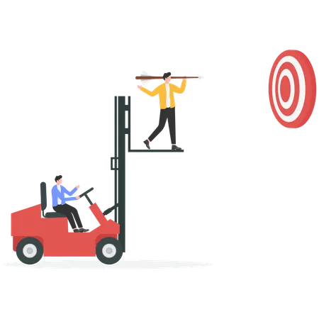 Businessman driving forklift while man standing on forklift to achieving goal  Illustration