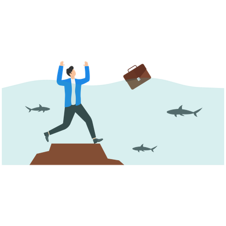Businessman drowning in water full of sharks  Illustration