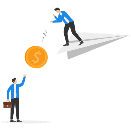 Businessman dumping dollar coin from paper airplane  Illustration