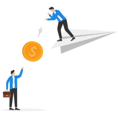 Businessman dumping dollar coin from paper airplane  Illustration