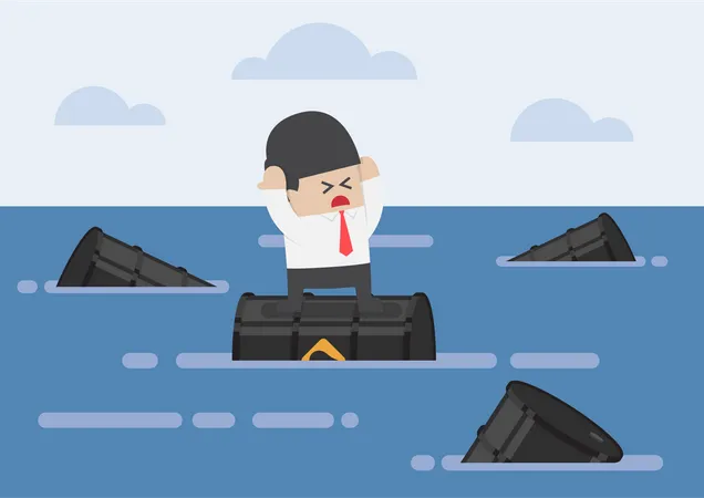 Businessman Standing On Oil Barrels In The Ocean Oil Crisis Concept Illustration