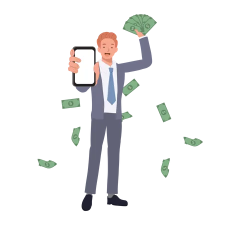 Successful Businessman Showing Cash Of Dollars And Smartphone App Money Investment Concept Flat Vector Cartoon Illustration Illustration