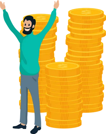 Smiling Man Rising Hands Coins Stack Isolated On White Success Of Investment And Profit Person Character Earning Money Businessman And Payment Vector Illustration