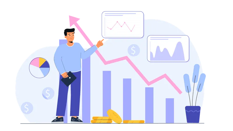 Businessman earns stock market profit by selling shares  Illustration