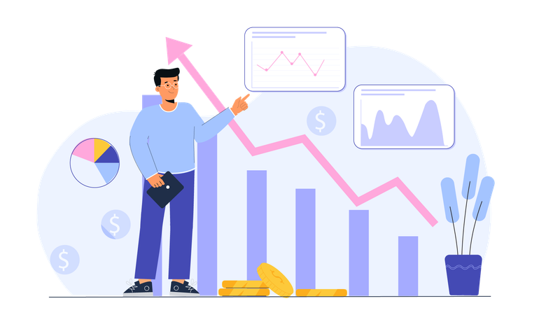 Businessman earns stock market profit by selling shares  Illustration