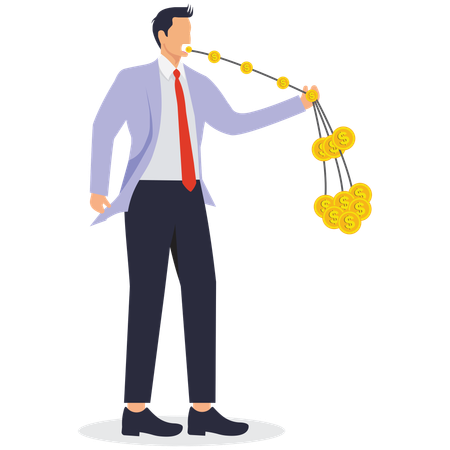 Businessman eating string of gold coins held in his hand  Illustration