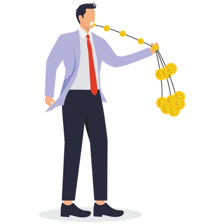 Businessman eating string of gold coins held in his hand  Illustration