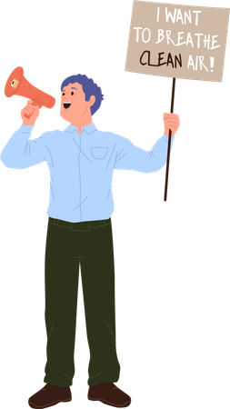 Businessman eco activist character holding bullhorn and placard with wish to breath clean air  Illustration