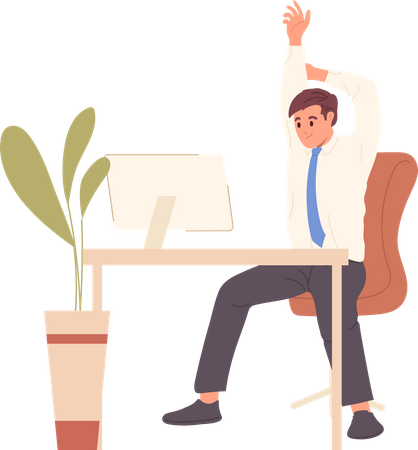 Businessman enjoy office fitness sitting on chair at computer table  Illustration