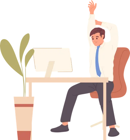 Businessman enjoy office fitness sitting on chair at computer table  Illustration