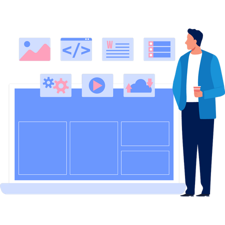 Businessman enjoying drink and looking at system coding  Illustration