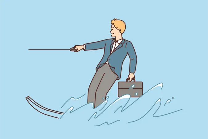 Businessman enjoying surfing in ocean  Illustration