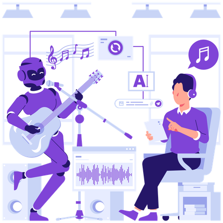 ロボットと一緒に音楽を楽しむビジネスマン  イラスト