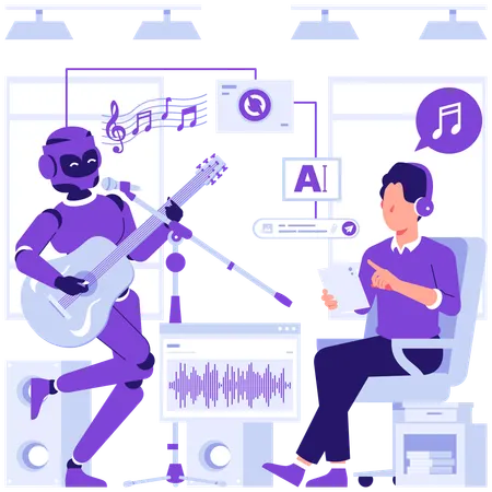 ロボットと一緒に音楽を楽しむビジネスマン  イラスト