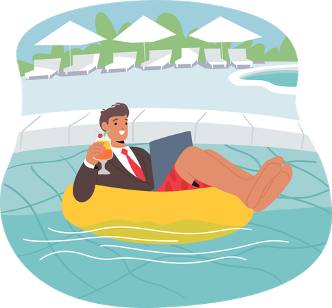 Businessman Enjoys Remote Work By Pool With Drink In Hand  Illustration