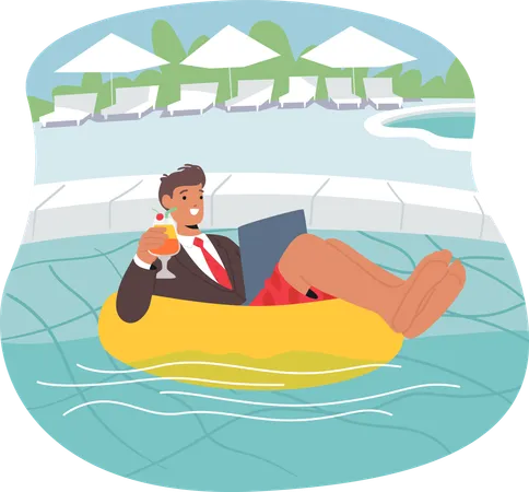 Businessman Enjoys Remote Work By Pool With Drink In Hand  Illustration