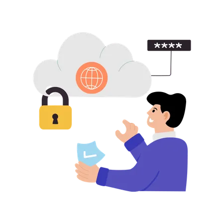 Businessman ensures Cloud Network Security  Illustration