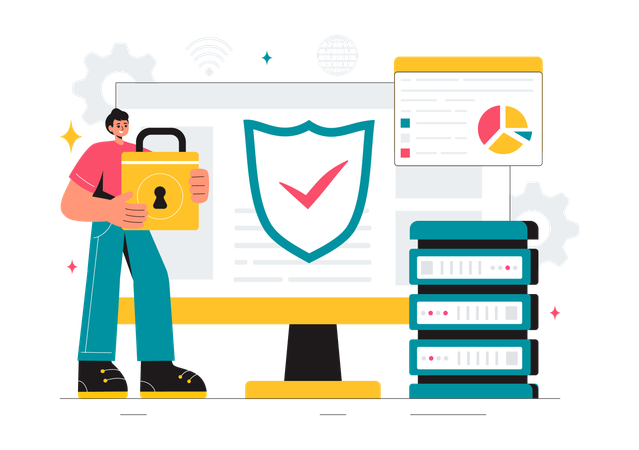 ビジネスマンがサーバーのセキュリティを確保  イラスト