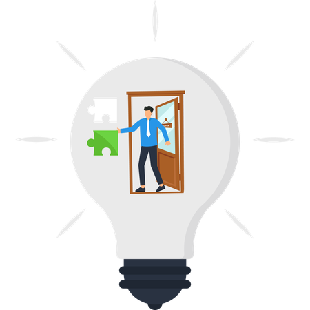 Businessman Entering Door with Puzzle Piece Inside Lightbulb  Illustration