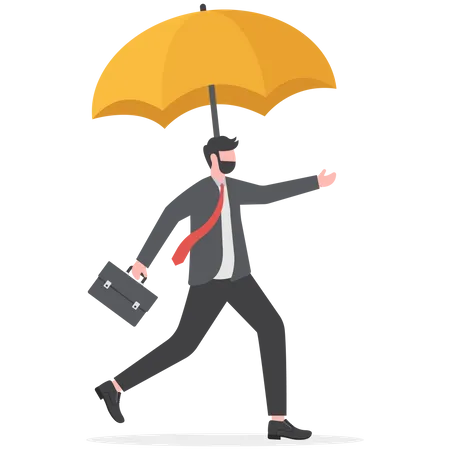 Businessman entrepreneur with strong umbrella running safe  Illustration