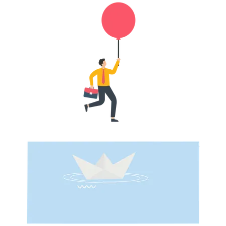 Businessman escapes from a sinking paper boat by a red balloon  Illustration