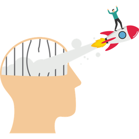 Businessman escapes from brain prison with rocket  Illustration