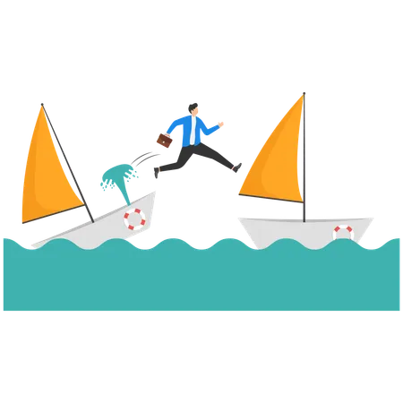 Businessman escaping sunken ship  Illustration